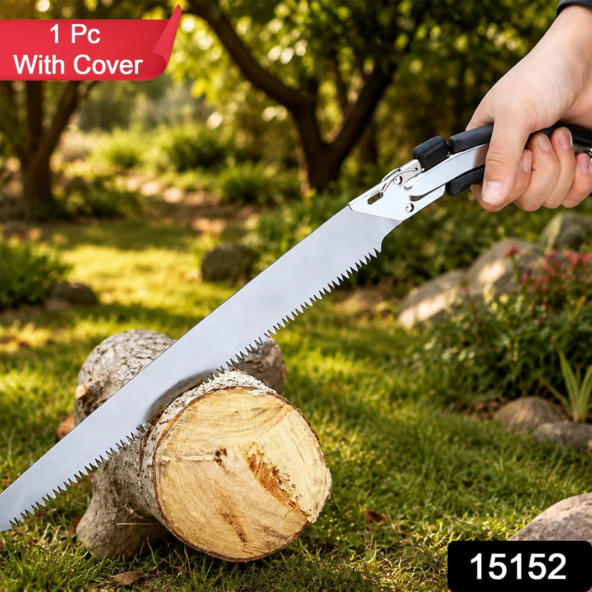A silver folding hand saw cuts a log on green grass, with text overlay '1 Pc With Cover' and '15152'.