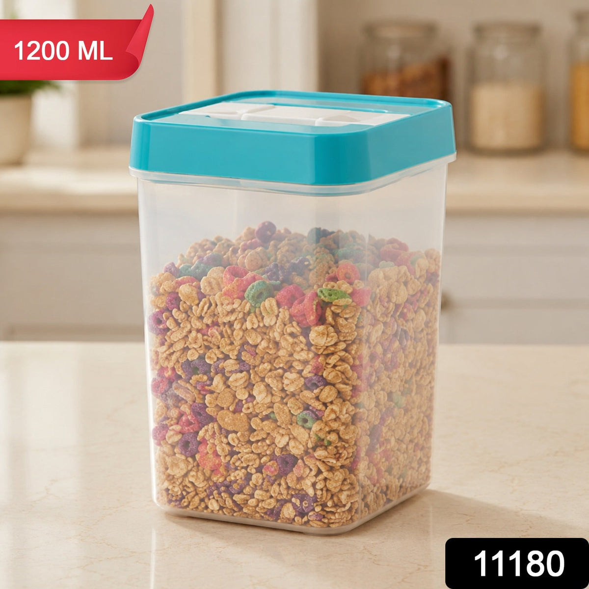 A clear plastic food storage container with a teal lid, filled with colorful cereal, has a red '1200 ML' label and a black