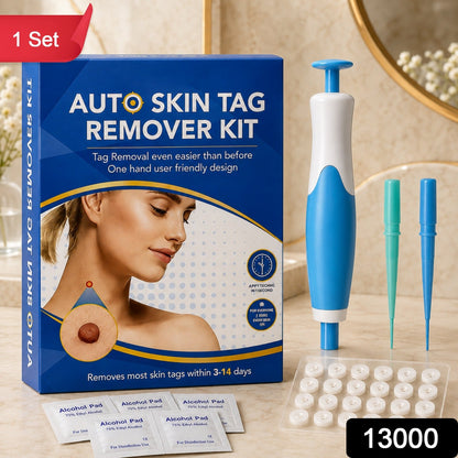 Blue and white skin tag remover kit with applicator, bands, and alcohol pads with a '1 Set' banner.