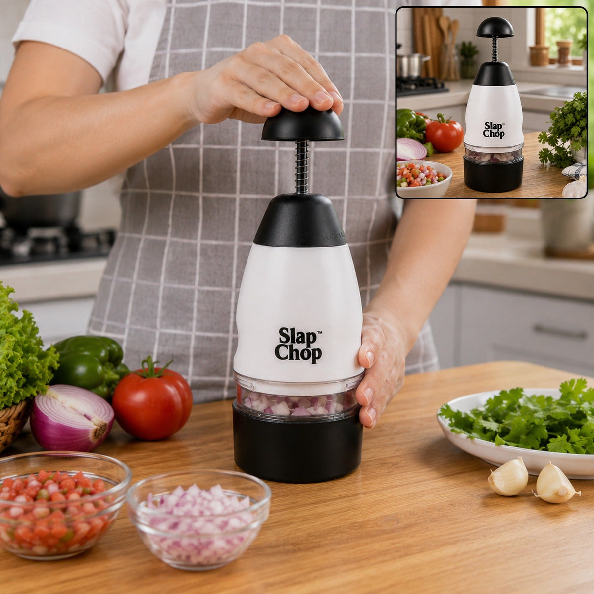 A person's hands operate a white and black manual food chopper to dice red onion, with bowls of chopped vegetables nearby.