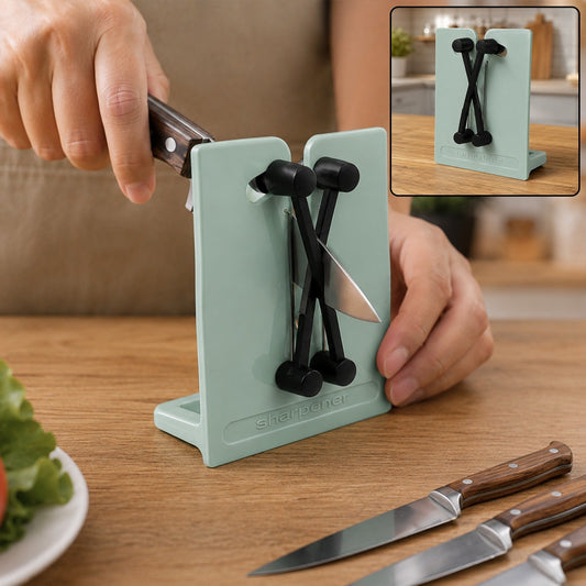A person sharpens a knife using a mint green X-rod sharpener on a wooden countertop with other knives. The inset shows the