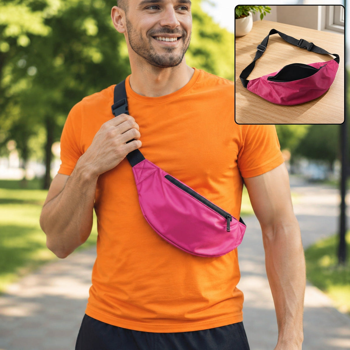 A smiling man wears a bright pink fanny pack across his chest, walking outdoors.