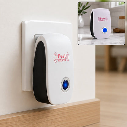 White and black pest repeller plugged into a white wall outlet with a blue indicator light. Inset shows the device on a