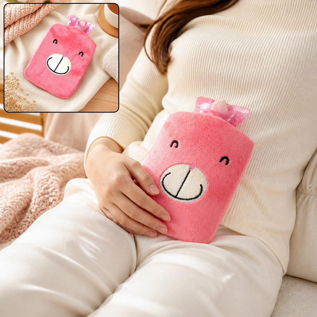 A person holds a pink bear-shaped hot water bag on their lap, with an inset showing the bag alone.