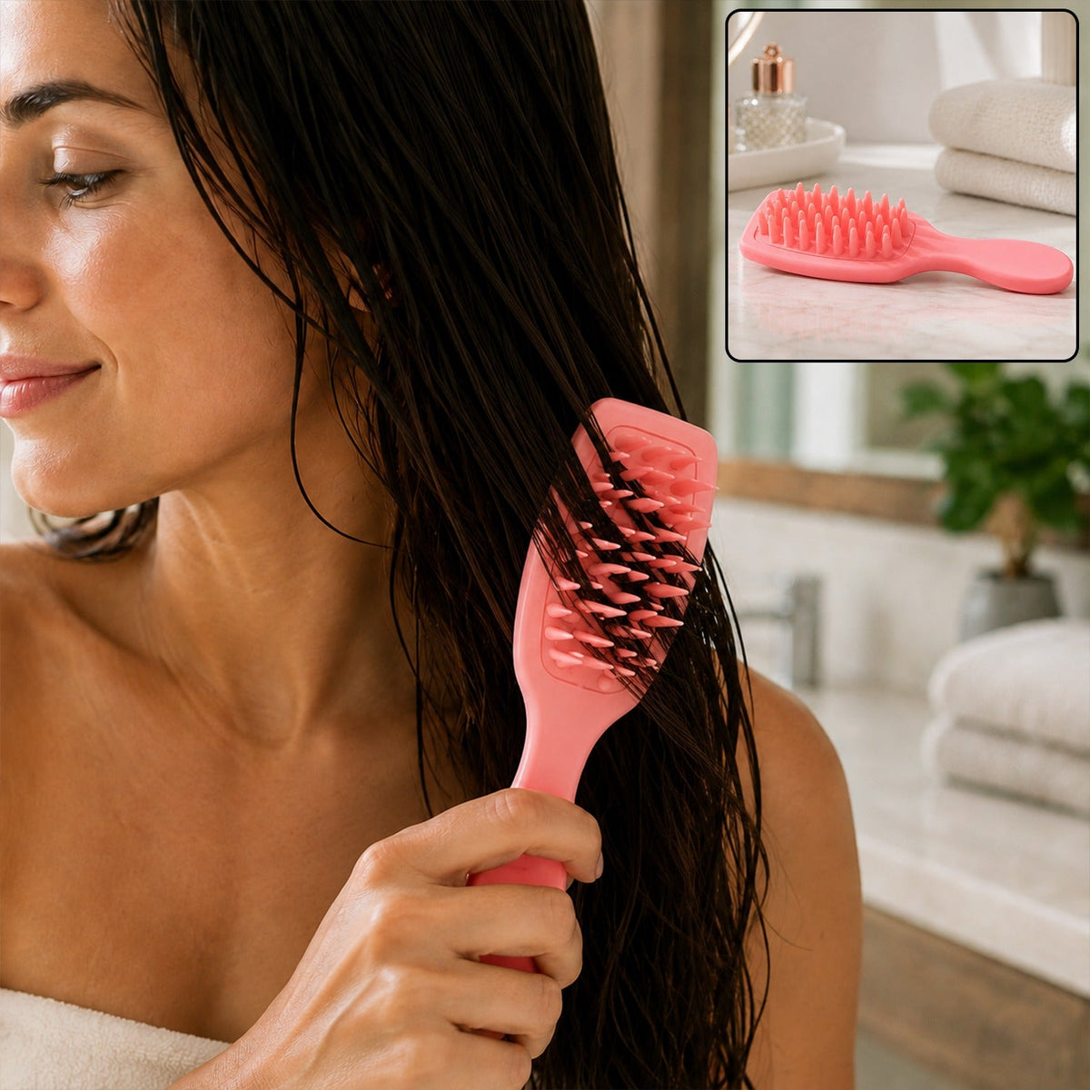 A woman with wet hair uses a pink silicone scalp massager brush in a bathroom setting.