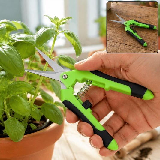 A hand holds green and black snips, trimming a plant in a terracotta pot, with an inset of the snips on a wooden surface.