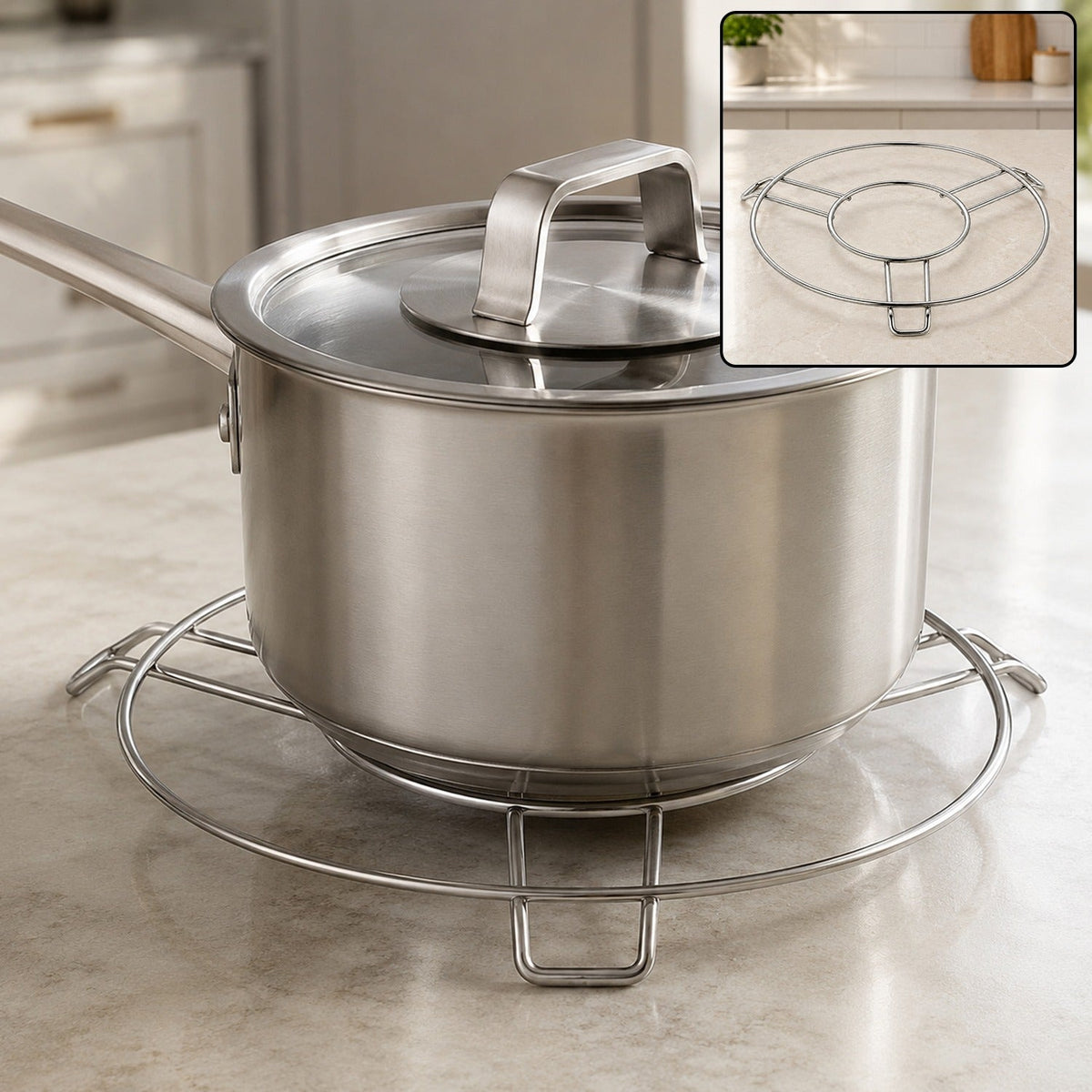 A stainless steel pot sits on a matching wire hot pot stand on a marble counter, with an inset showing just the stand.