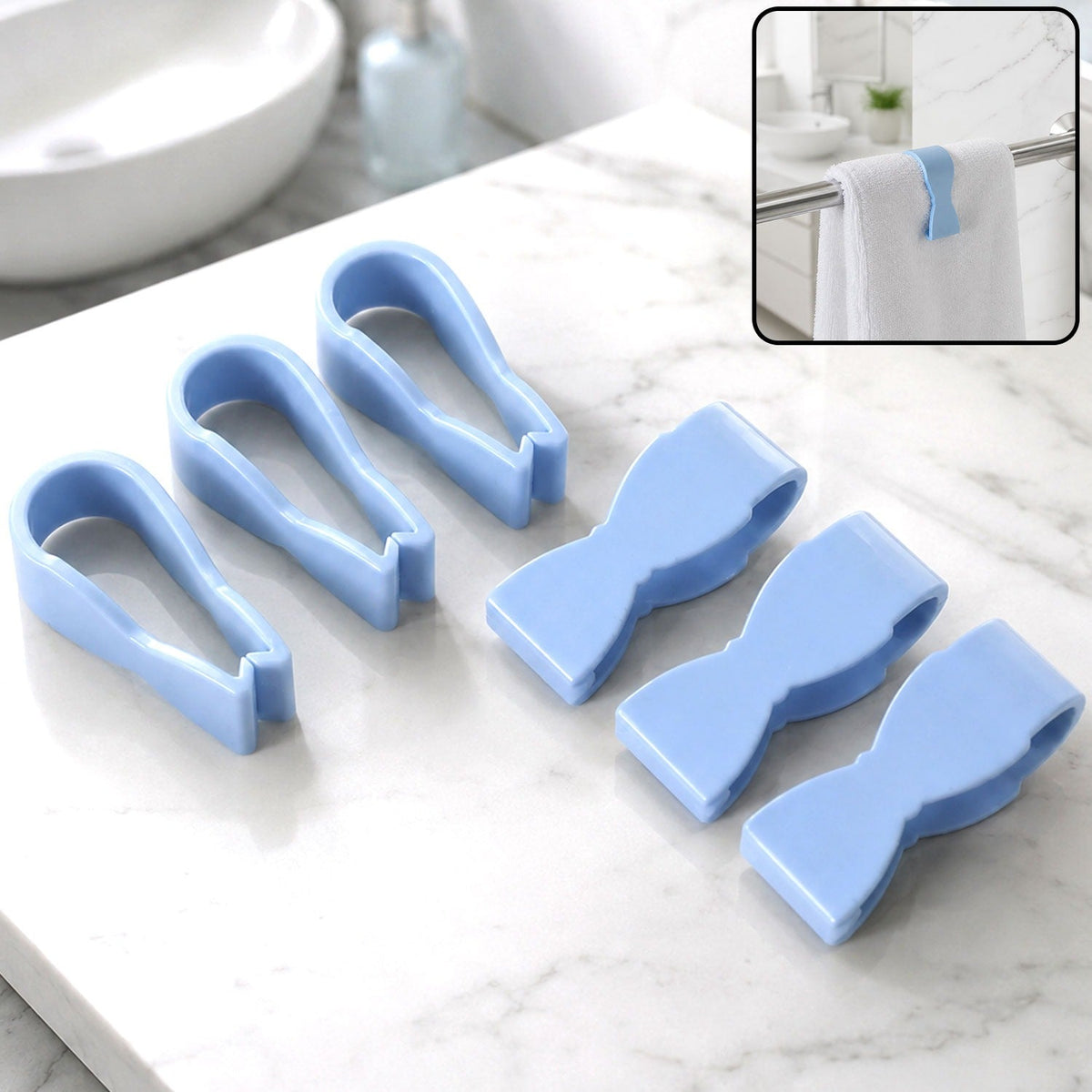 Six blue plastic towel clips on a white marble counter, with an inset showing one clip holding a white towel on a rail.