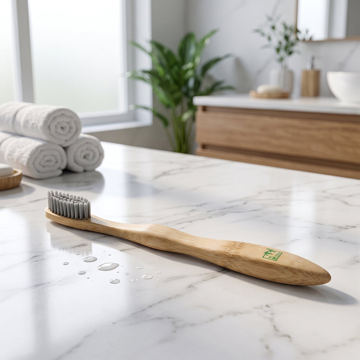 A bamboo toothbrush with grey bristles lies on a white marble counter with water droplets, with rolled towels and a plant in