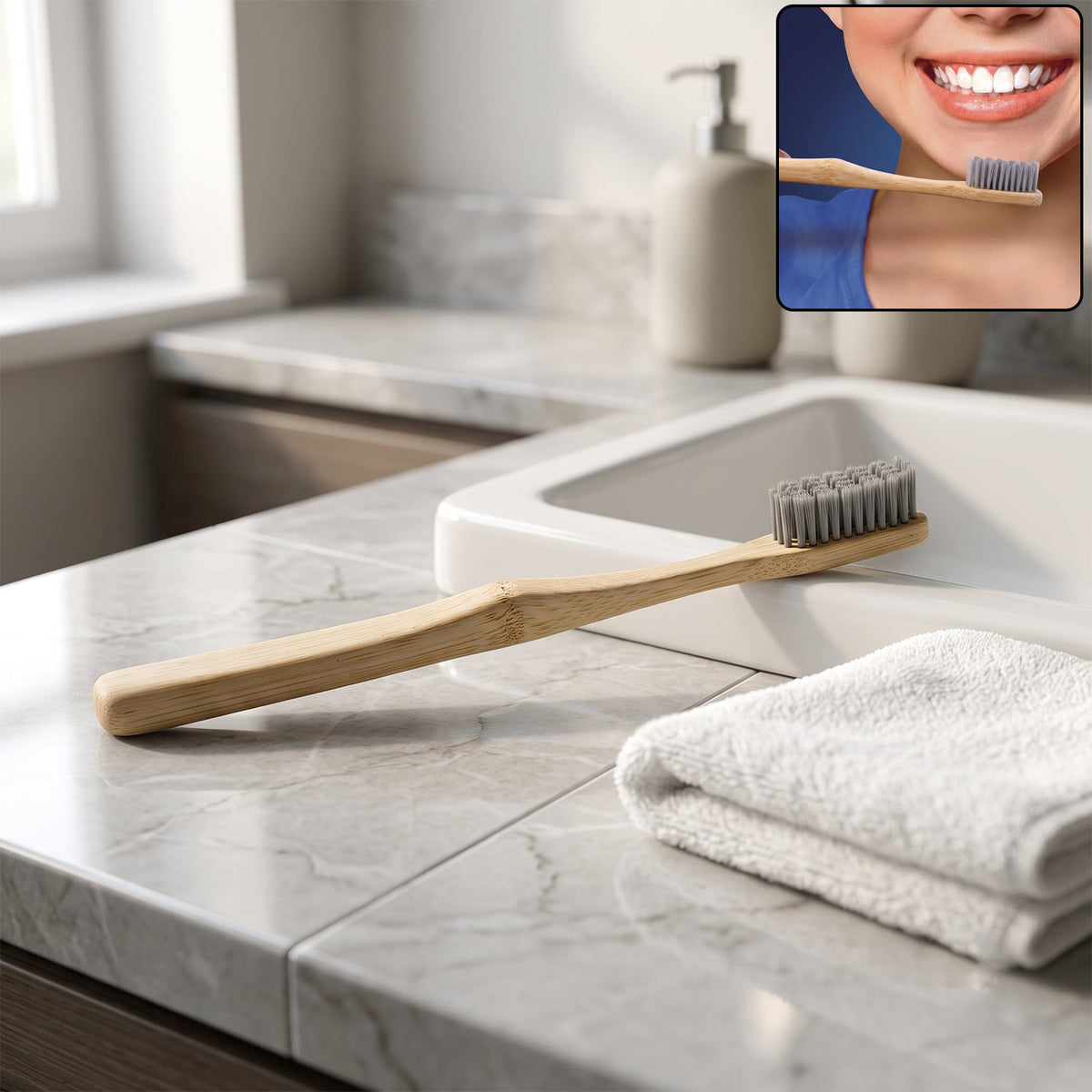 A bamboo toothbrush with grey bristles rests on a marble counter next to a white sink and folded towel, with a small inset