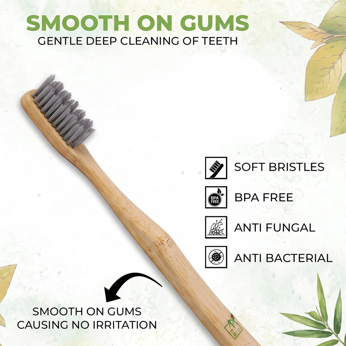 A bamboo toothbrush with grey bristles is shown diagonally with text highlighting its features: smooth on gums, soft
