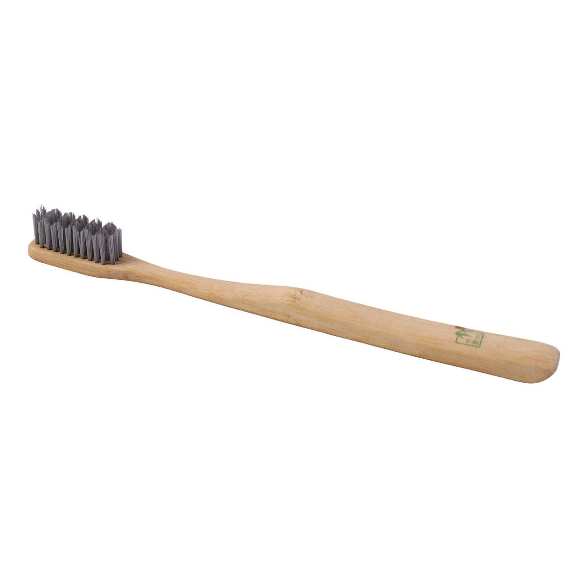 A bamboo toothbrush with grey bristles is shown on a plain white background, angled slightly to the right.