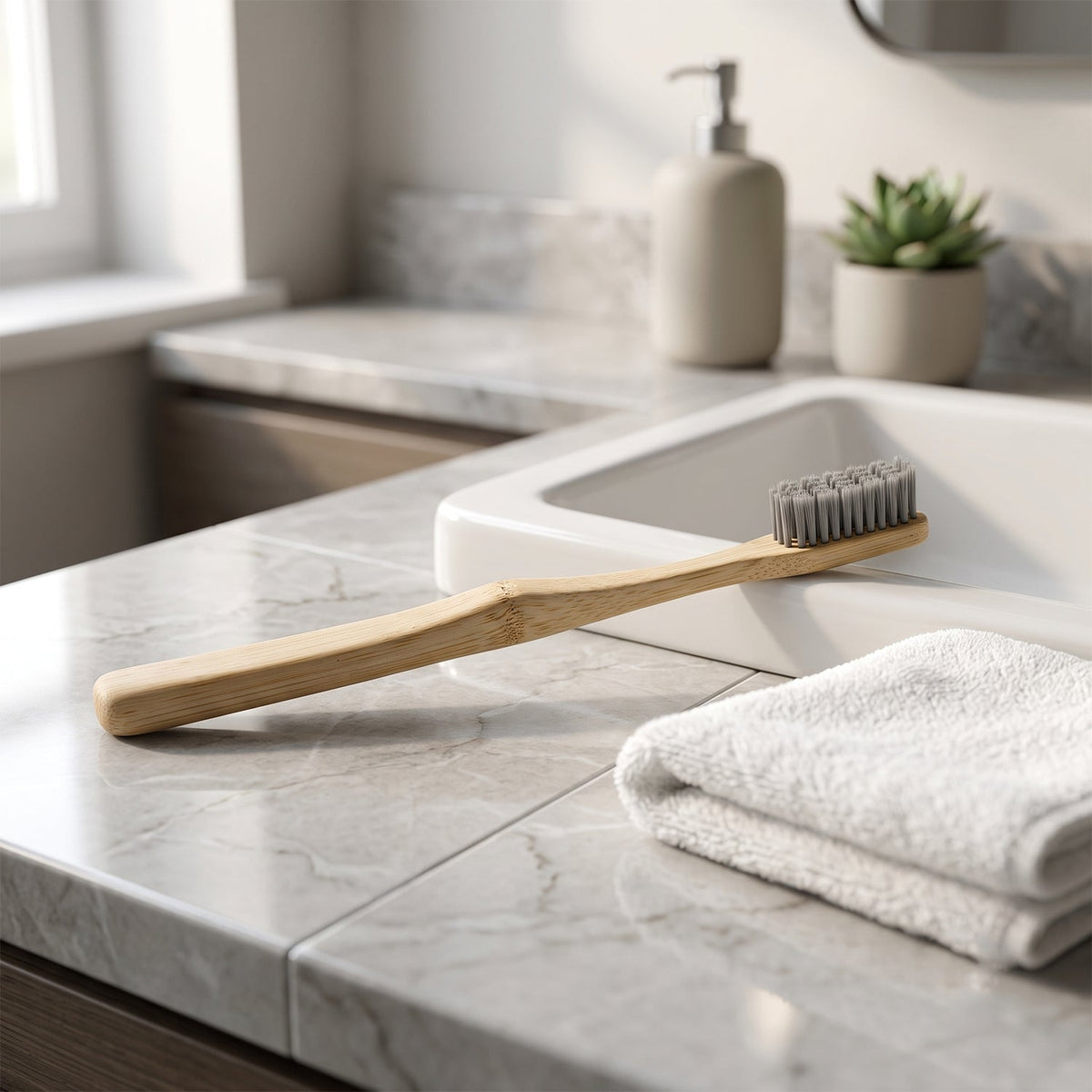 A bamboo toothbrush with grey bristles rests on a marble counter next to a white sink, a folded white towel, a soap