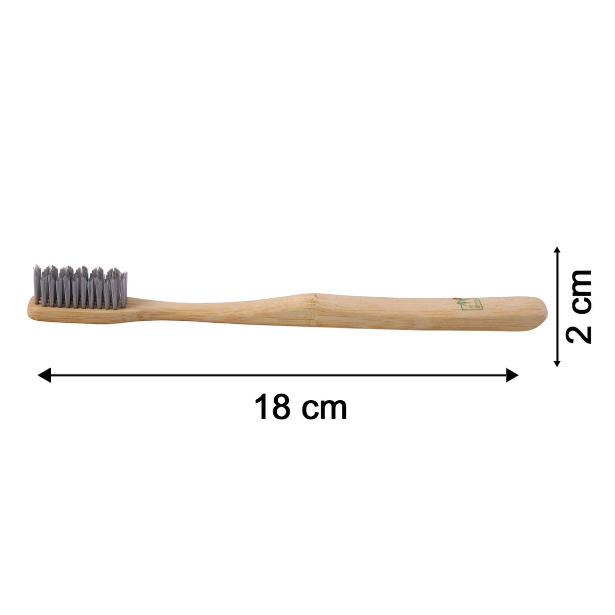 A bamboo toothbrush with grey bristles is shown on a white background with arrows indicating its dimensions: 18 cm in length