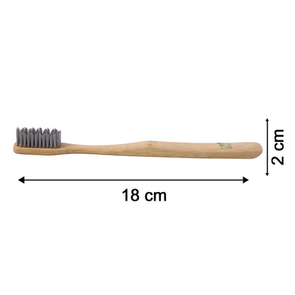 A bamboo toothbrush with grey bristles is shown on a white background with arrows indicating its dimensions: 18 cm in length