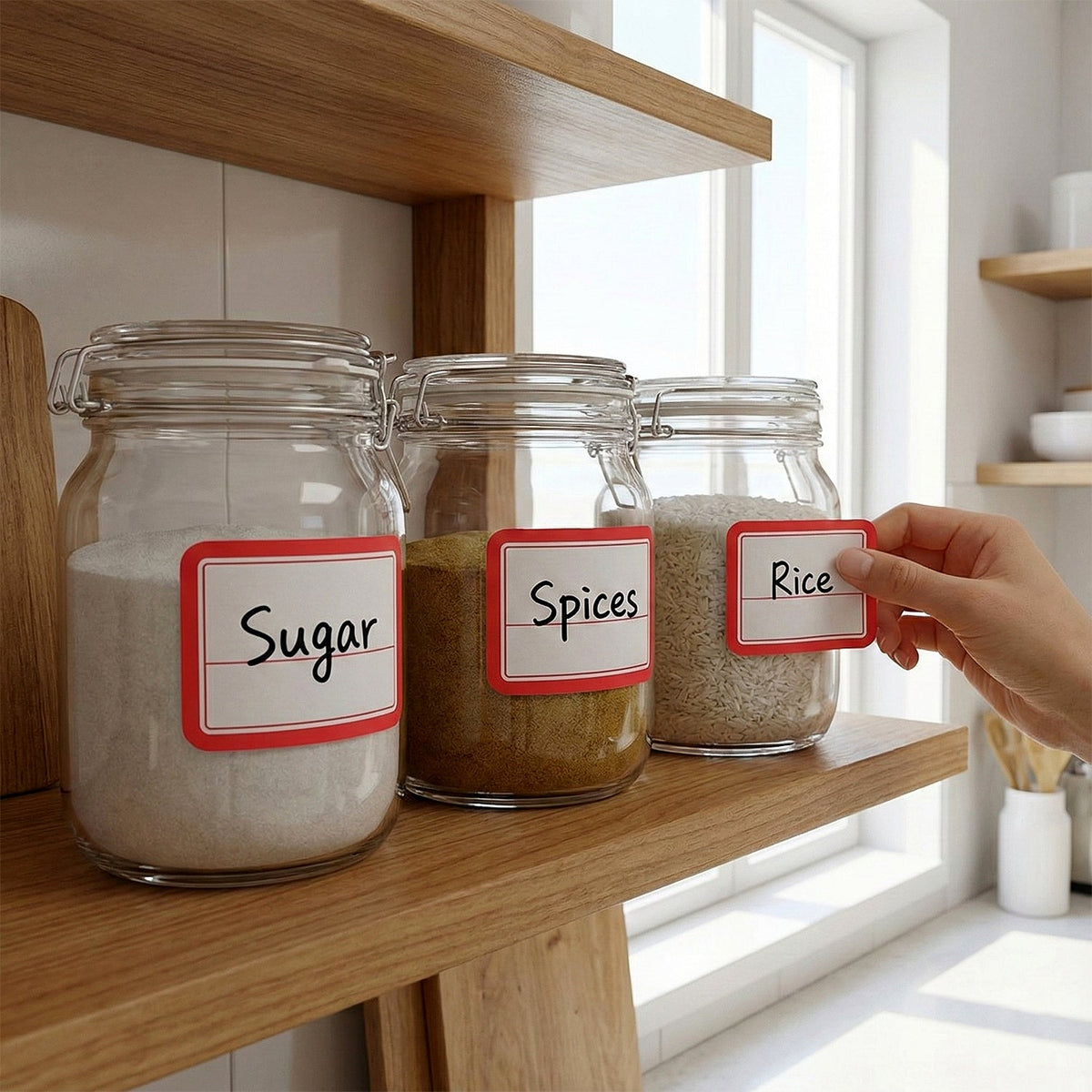 Three glass jars with red-bordered labels, one being applied to a jar of rice, on a wooden shelf.
