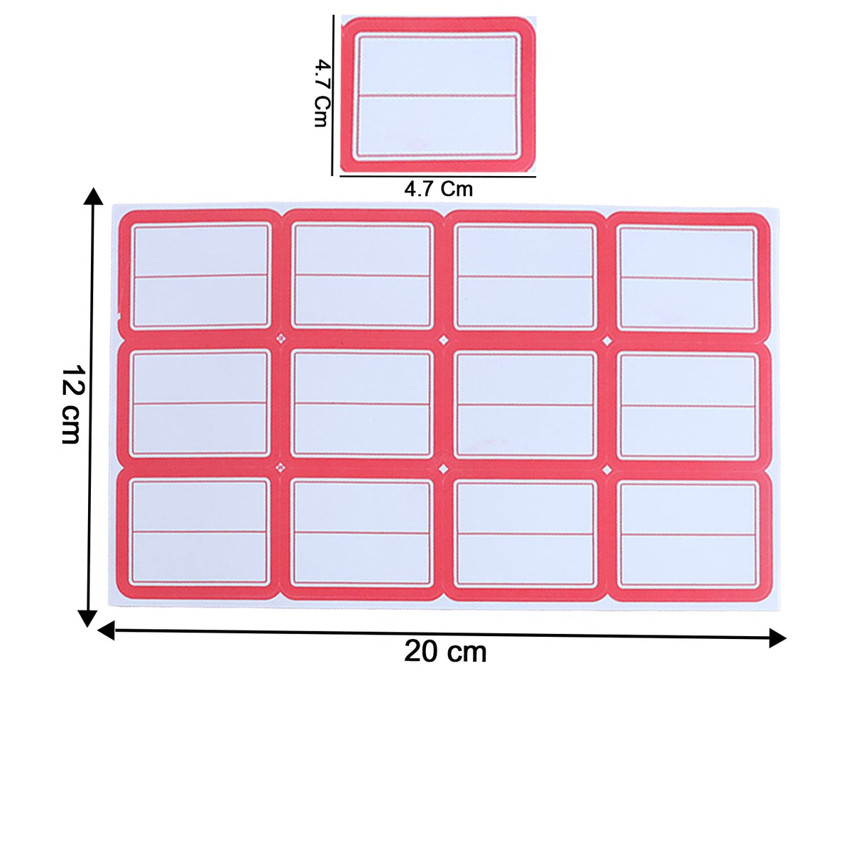 A sheet of 12 red-bordered white writable labels with dimensions of 20 cm by 12 cm, and individual label size of 4.7 cm by