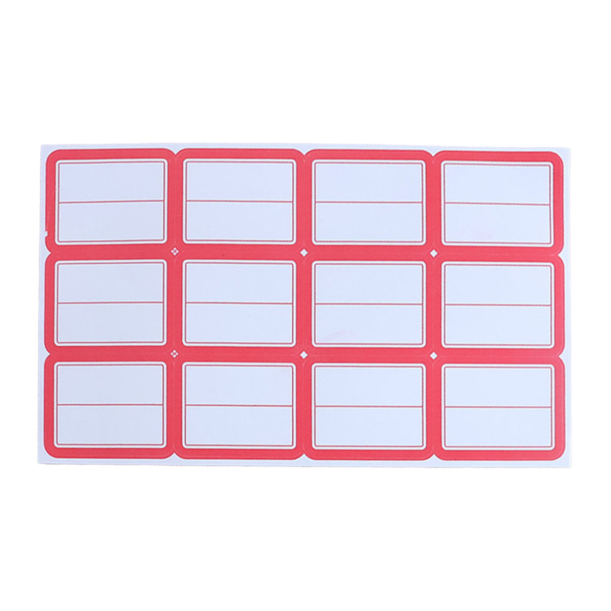 A single sheet of 12 red-bordered white writable labels with two lines on a white background.