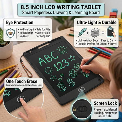 A child uses a black LCD writing tablet with green drawings, surrounded by text bubbles highlighting its features like eye