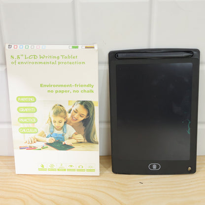 A black LCD writing tablet and its white retail box, featuring an image of a child drawing, are placed side-by-side.
