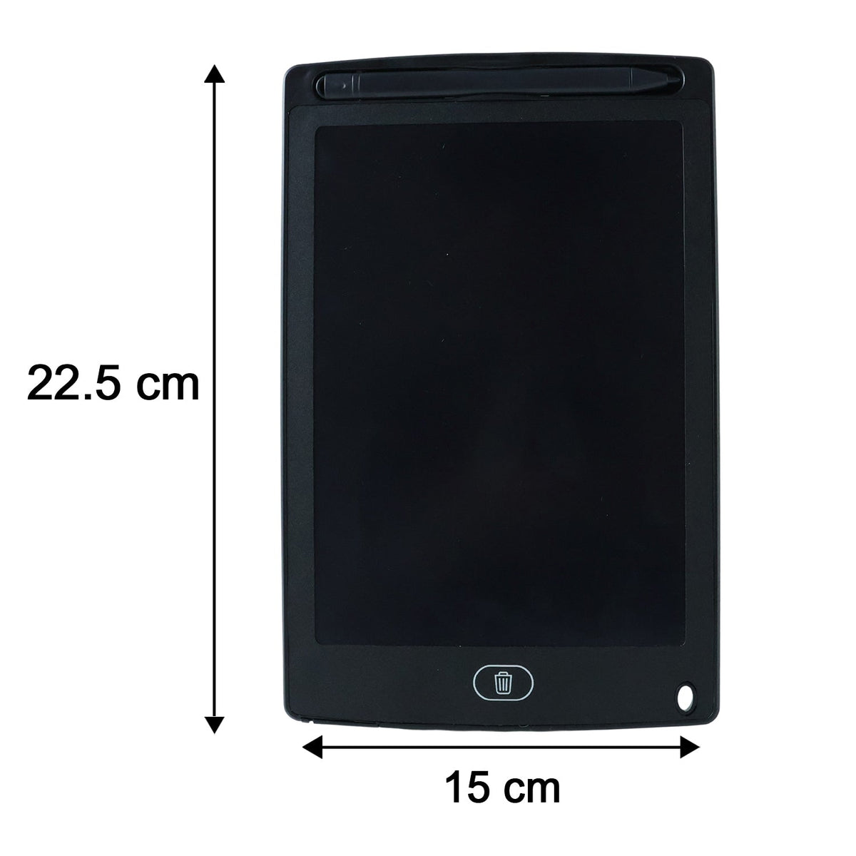 A black LCD writing tablet is shown with white arrows indicating its dimensions: 22.5 cm in height and 15 cm in width.