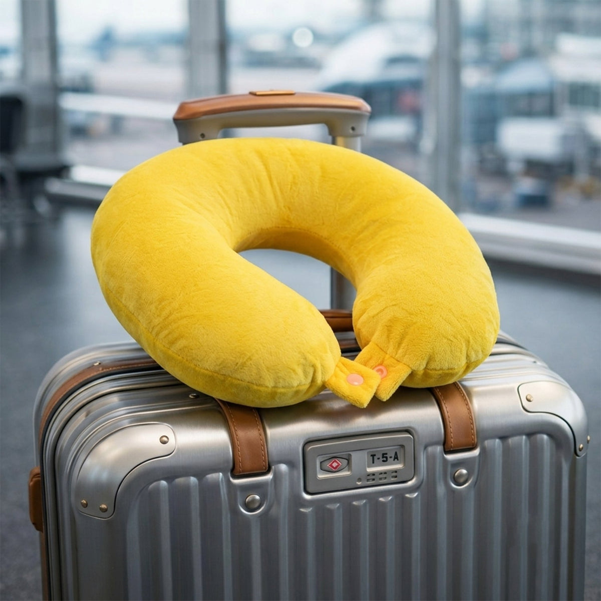 A yellow U-shaped neck pillow rests on top of a silver hard-shell suitcase with brown leather accents at an airport.