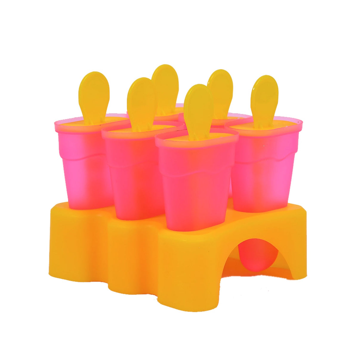 A six-piece pink and yellow popsicle mold set in its yellow stand on a white background.