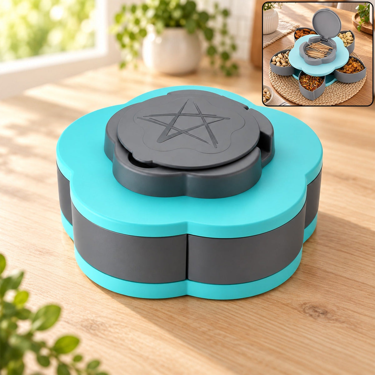 A closed teal and gray petal-shaped storage box sits on a wooden table, with a small inset showing it open with snacks.