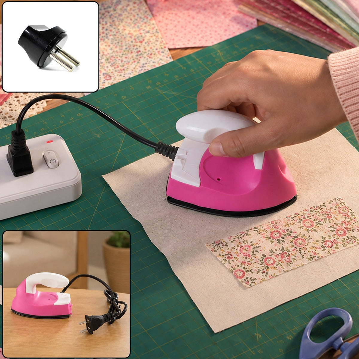 A hand holds a pink and white mini iron, pressing it onto fabric, with a black converter plug in the corner.