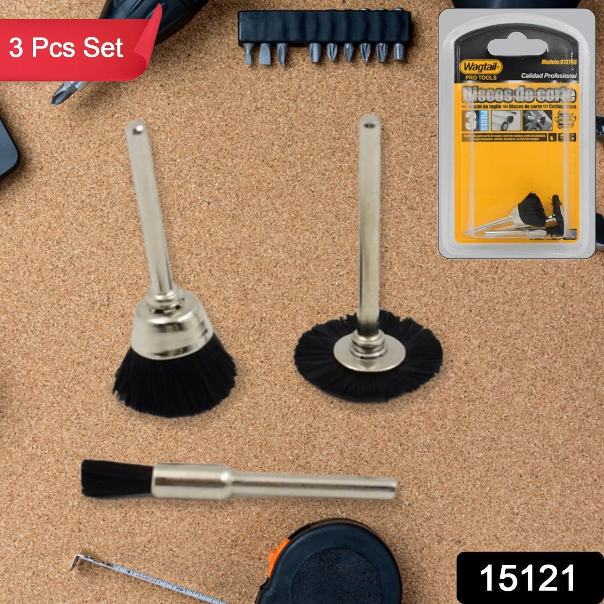 Three black nylon brushes, two with silver shafts, are laid out on a cork surface next to a tape measure and drill bits.