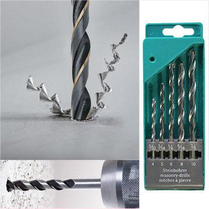 A split image shows a drill bit creating metal shavings and another drilling into a wall next to the drill bit set.