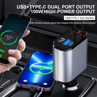 4 in 1 Super Fast  120W  Car Phone Charger | 180° Adjustable Type C & iPhone Car Adapter |Retractable Cable and 2 USB Ports