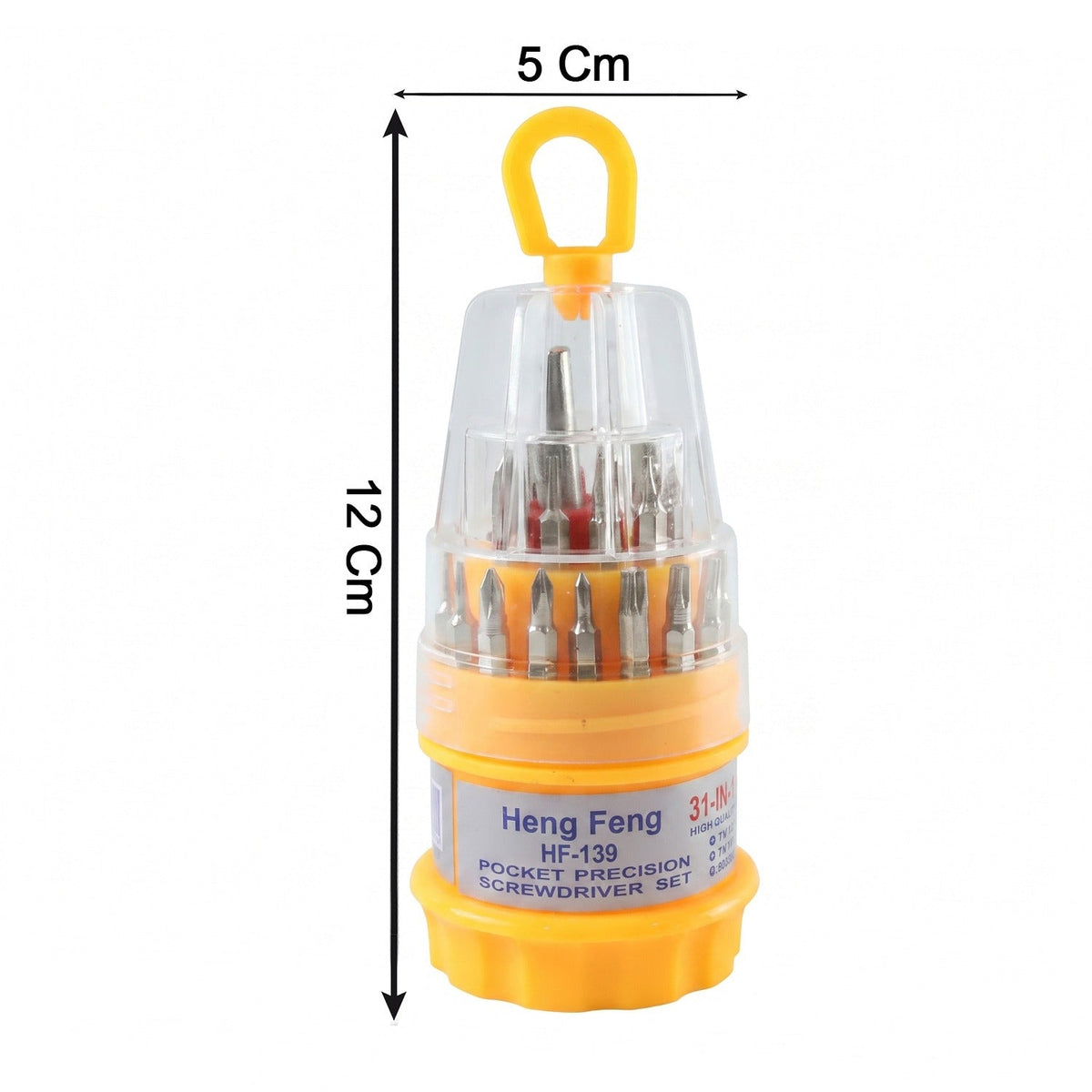 A yellow and clear pocket precision screwdriver set with various bits is shown against a white background, with dimensions