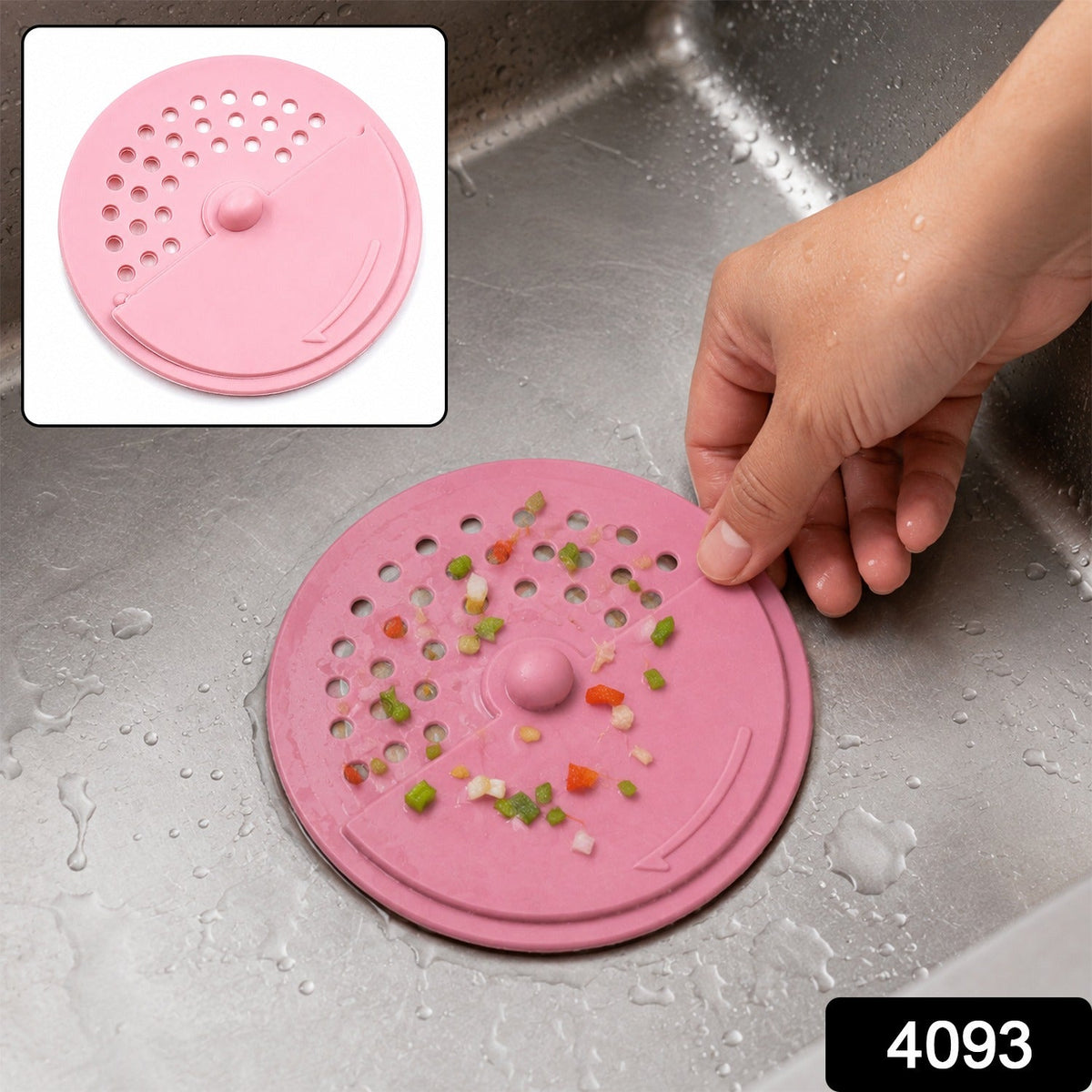 A pink silicone drain strainer with food scraps is shown in a stainless steel sink, with a small inset of the product.