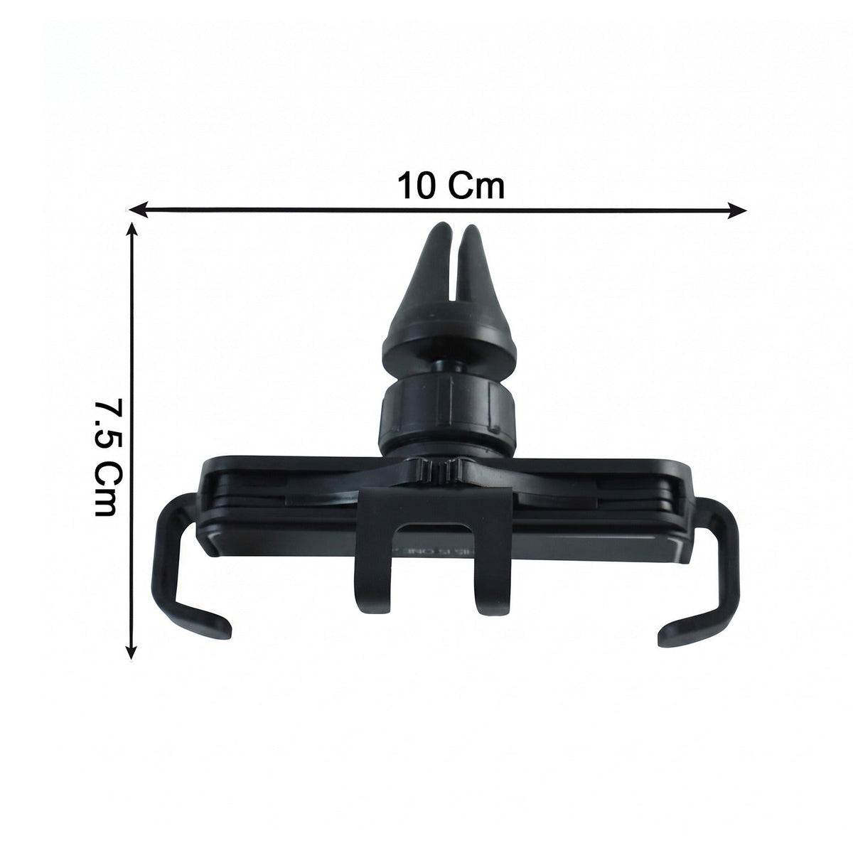 A black plastic car air vent phone holder with dimensions of 10 cm width and 7.5 cm height.