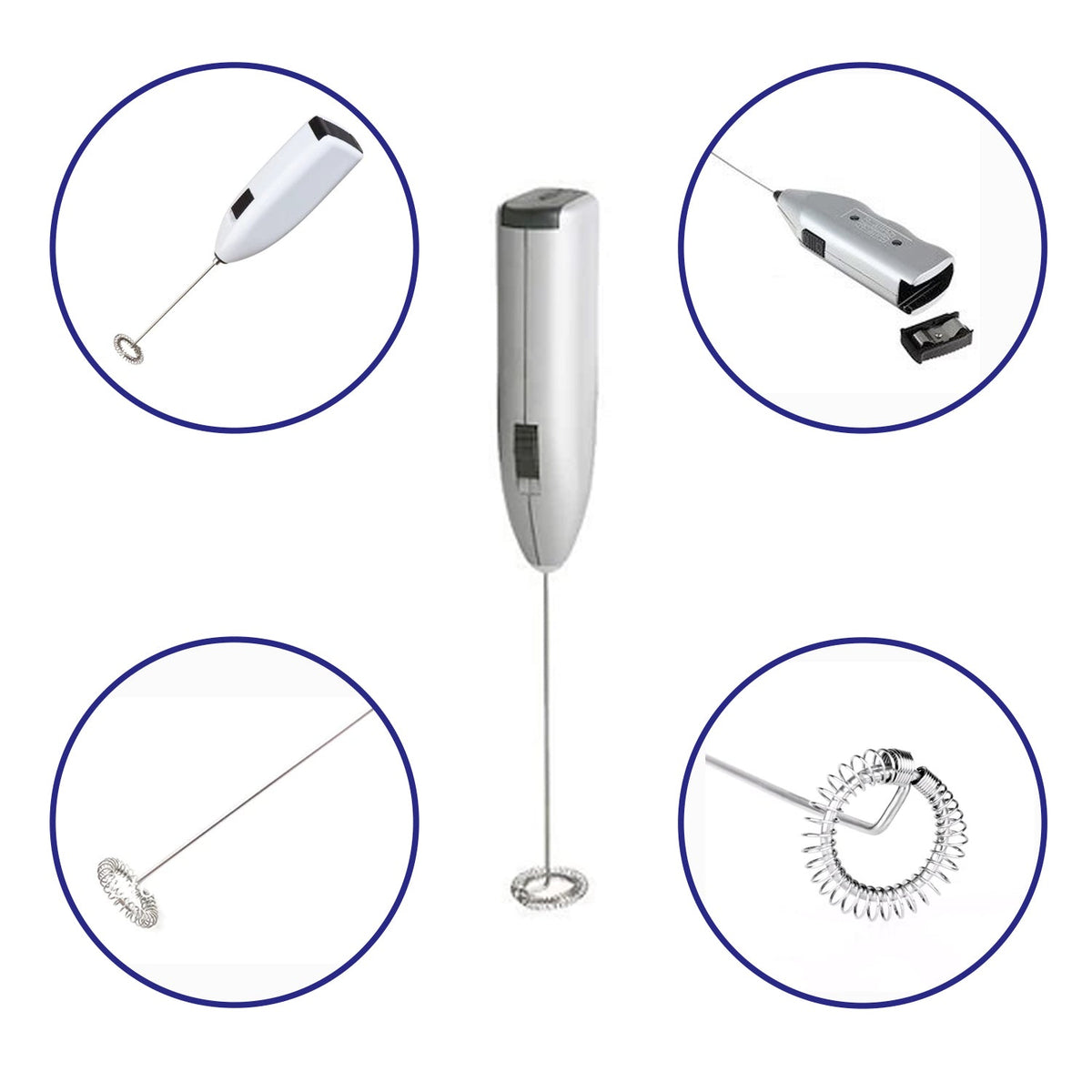 Portable electric milk mixer shown in action, frothing milk.