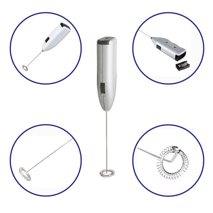 Portable electric milk mixer shown in action, frothing milk.