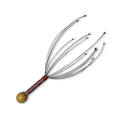 A metal scalp massager with a red and white handle and wooden top is displayed on a plain white background.