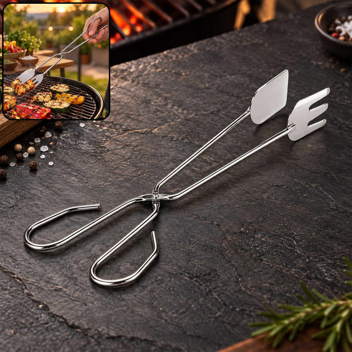 Shiny stainless steel tongs with a spatula and fork end, on a dark stone surface with a blurred BBQ scene inset.
