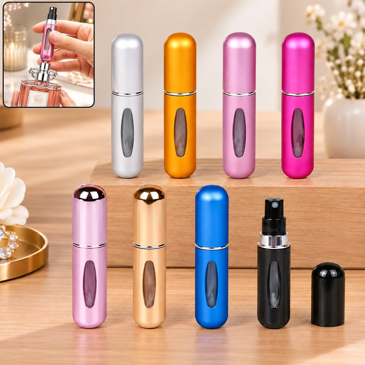 A collection of eight colorful refillable perfume spray bottles in various metallic hues, with a small inset showing a hand