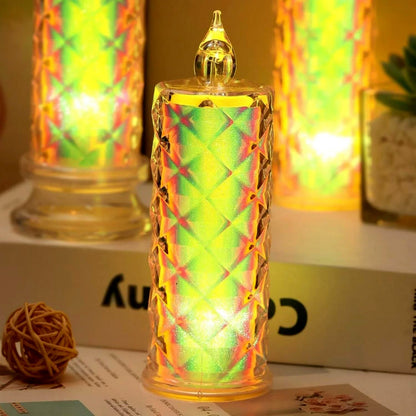A close-up of a single iridescent LED candle with a textured surface, glowing with a vibrant green and yellow light.