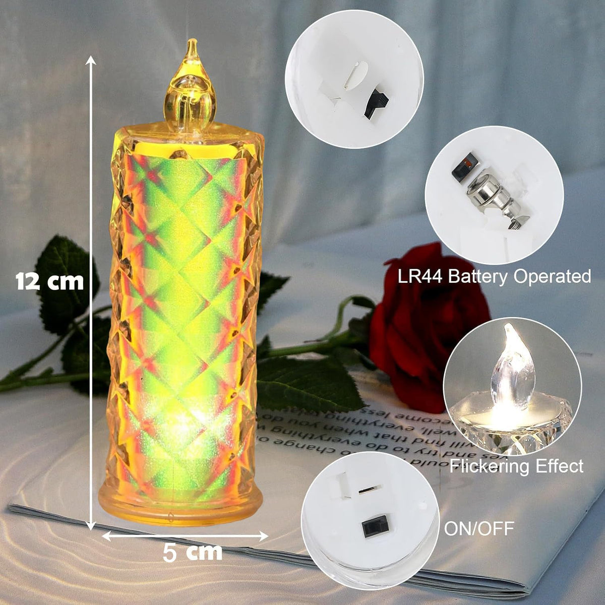 A single iridescent LED candle with measurements of 12 cm and 5 cm, showing details of its battery operation and flickering