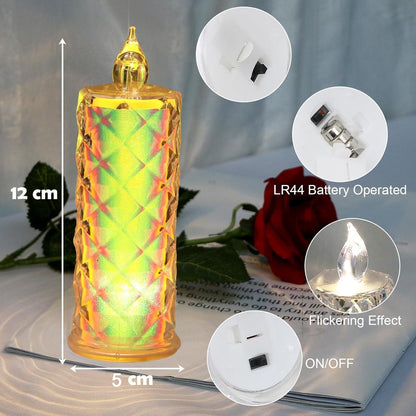 A single iridescent LED candle with measurements of 12 cm and 5 cm, showing details of its battery operation and flickering