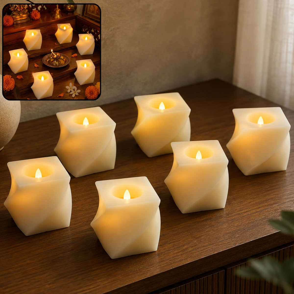 Six cream-colored flameless LED candles with a twisted design illuminate a wooden table, with an inset showing them on a