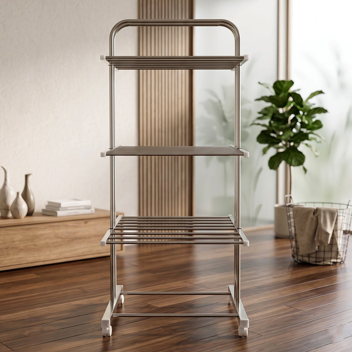 A stainless steel 3-layer clothes drying rack with wheels, empty and positioned in a modern room with a plant and wooden