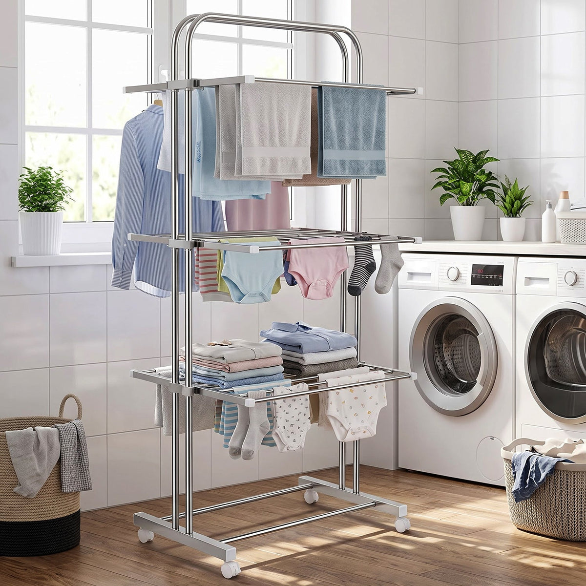 A stainless steel 3-layer clothes drying rack with various clothes and towels, positioned in a laundry room with washing