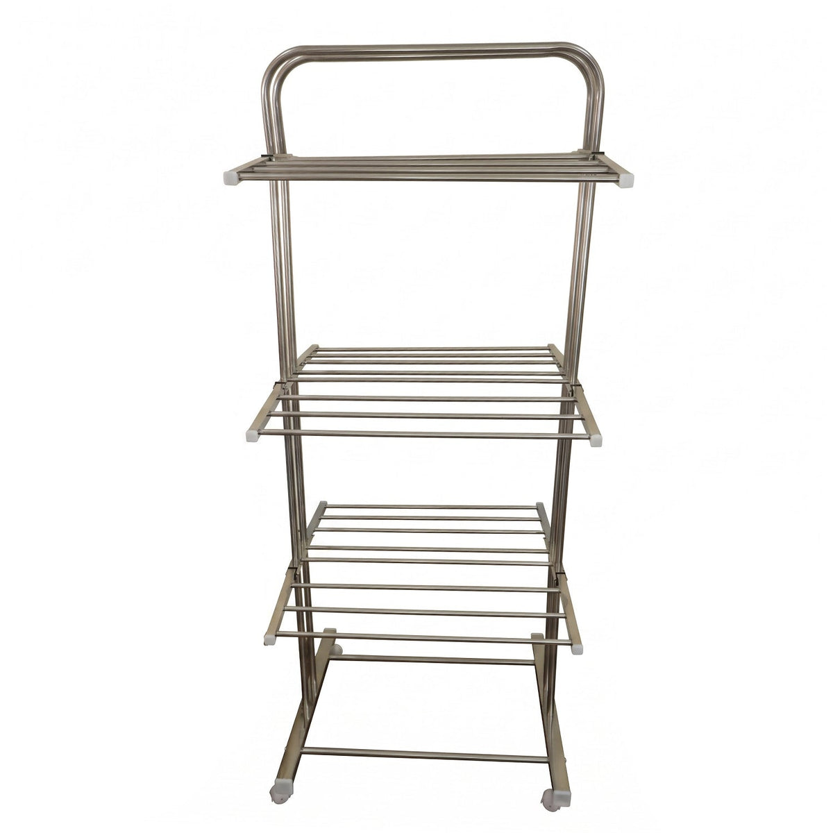A stainless steel 3-layer clothes drying rack with wheels, shown empty against a plain white background.