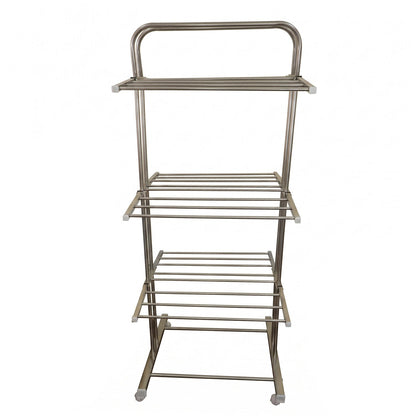 A stainless steel 3-layer clothes drying rack with wheels, shown empty against a plain white background.