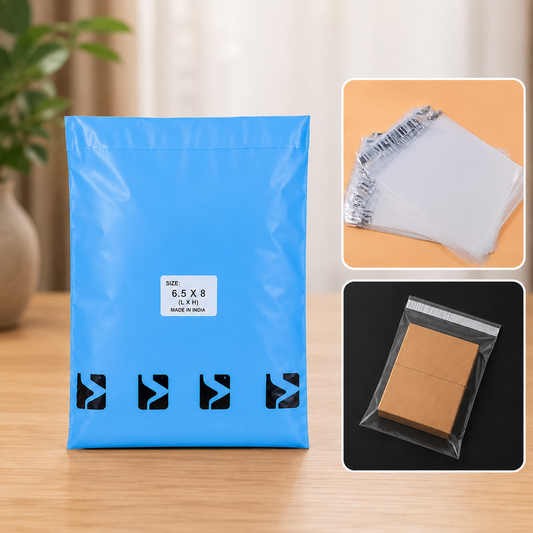 A light blue polybag with a white size label and three black logos, with insets of clear polybags and a clear polybag with a