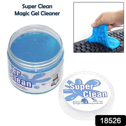An open jar of blue cleaning gel is shown, with an inset of a hand using the gel on a black keyboard.